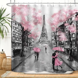 ZXMBF Paris Eiffel Tower Shower Curtain Oil Painting European France City Landscape Modern Couple Black Pink Tree Home Bathroom Décor Waterproof Fabric 72x72 Inch Plastic Hooks 12PCS