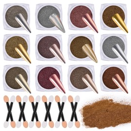 Kikonoke 12 Jars Chrome Nail Powder Metallic Mirror Effect Powder Iridescent Holographic Glitter Pigment Copper Silver Gold Chrome Powder for Nails Art Decoration