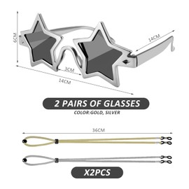 EHDWXVZM 2 Pairs Five-pointed Star Sunglasses, 2 Pieces Glasses Cords, Fashion Glasses with Five-pointed Star, Novelty Prom Glasses, Beach Sunglasses, Party Photo Props, gold