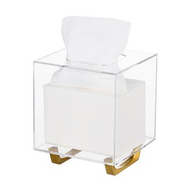 HBlife Clear Tissue Box Cover Square Acrylic Tissue Box Holder with Gold Plated Legs Napkin Dispenser Dryer Sheet Container for Bathroom