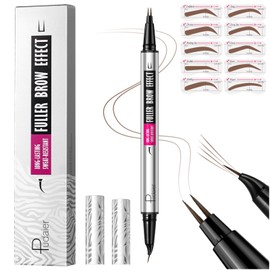 Curved Eyebrow Pencil with 10Pcs Stencils, 2-in-1 Dual-Ended Microblading Eyebrow Pen with Curved Brush-Tip and Fork-Tip for Hair-Like Brows, Waterproof Eyebrow Pencils for Women, Natural Brown