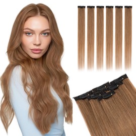 Elailite Real Hair Extensions Clip In Human Hair Remy Brown Double Weft 6 Pcs Seamless Highlights Hairpieces Straight - #06 Light Brown - 18 Inch 44g