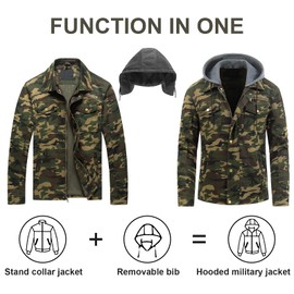 Pursky Men's Camouflage Military Jacket Canvas Cotton Casual Field Jacket Outerwear With Removable Hood Camo XL