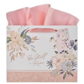 Christian Art Gifts Large Landscape Inspirational Scripture Gift Bag, Tag & Wrapping Tissue Paper Set for Women: Be Still & Know Encouraging Psalm, Satin Ribbon Handles, White & Pink Multicolor Floral