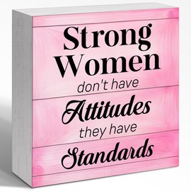 WUZYOU Strong Women Don't Have Attitude Wooden Block Sign 5x5x1 INCH, Feminist Wall Decor with Empowerment Quote, Motivational Plaque for Office Desk Workspace