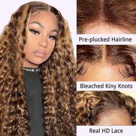 NKTU Glueless Wigs Human Hair Pre Plucked Pre Cut, Highlight Ombre Deep Wave Wigs, 5x5 HD Lace Closure Wigs for Women, No Glue, Beginner Friendly, 200 Density, 24 Inch