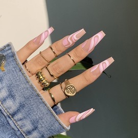 MERVF Long Press on Nails Abstract Coffin Fake Nails Matte Glue on Nails Ballerina Acrylic Nails Full Cover Purple Pink False Nails Clip on Nails 24PCS