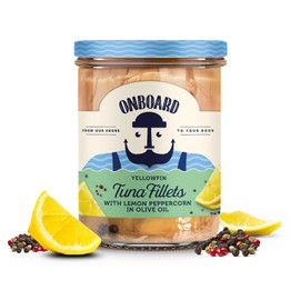 ONBOARD Yellowfin Tuna Fillets with Lemon Peppercorn in Olive Oil - High Protein, Pescatarian | Fresh & Healthy Premium Seafood in a Glass Jar | Ready-to-Eat - Tuna for Sushi, Salad Dishes | 6 Packs