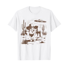 UFO Corgi Western Alien Vintage 90s Wild West Fun Cowboy Dog T-Shirt, Men, White, Medium