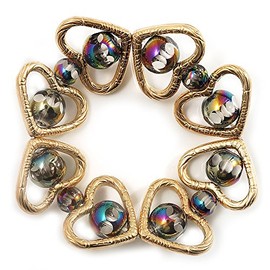 Avalaya Heart Glass Bead Flex Bracelet in Gold Tone -17cm Length - Size M