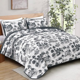 Drucon Black Farmhouse Quilt Set King Size, Toile Rustic Bedspreads, 3 Pieces Village Landscape Printed Coverlet, Soft Microfiber Quilt Bedding Set for All Season (106x90 Inch)