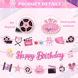 Pink Movie Night Birthday Banner Pink Movie Night Party Decorations Popcorn Camera Movies Theater Happy Birthday Banner Film Theme Banners for Girls Baby Shower Film Theater Theme Party Supplies