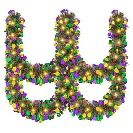 Gloreyan 20FT/6M Mardi Gras Tinsel Garland with LED Lights Metallic Twist Tinsel Garland Battery Operted Lighted Colorful Foil Hanging Garland for Carnival Tree Decoration Party Supply