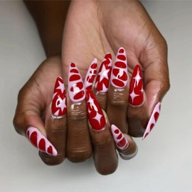 IMRAIN Medium Press on Nails Almond Fake Nails Red Pink Crocodile Print False Nails with Star Designs Glossy Glue on Nails Full Cover Acrylic Y2K Stick on Nails for Women Girls 24Pcs