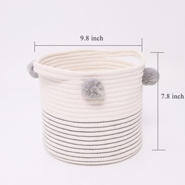RengaoRise Small Woven Basket With Handles Pom Pom, 9.8 x 9.8 x 7.8 inch Grey-White Round Basket Cute Cotton Rope Decorative Empty Gift Basket for Baby Shower, Easter, Valentine's Day