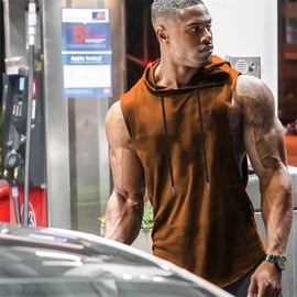 Babioboa Men's Workout Hooded Tank Tops Athletic Sleeveless Hoodie Quick Dry Muscle Cut Off T-Shirts(Brown Large)