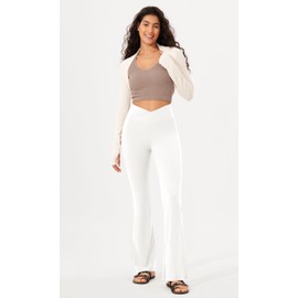 ODODOS Women's Cross Waist Bootcut Yoga Pants with Inner Pocket, Non See Through Bootleg Gym Workout Pants-Inseam 31", White, X-Large