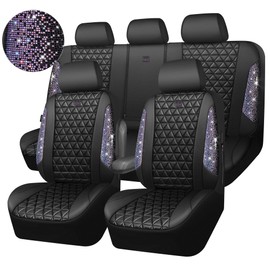 CAR PASS Bling Diamond Black Leather Car Seat Covers Full Set Interior Sets, Waterproof Shining Glitter Sparkly Crystal Universal Armrest Fit Automotive Truck SUV Cute Women Girl, Bedazzed Rhinestone