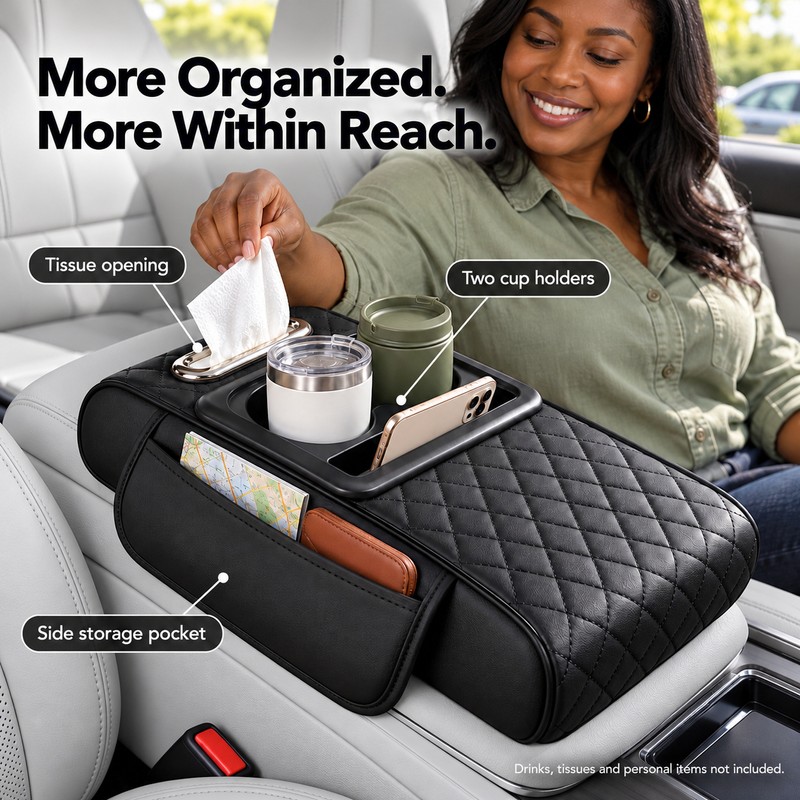 Auto Center Console Armrest Cushion With 2 Cup Holder PU