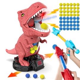 Protado Dinosaur Shooting Toy for Boys Girls, Movable Target Shooting Games with 2 Air Pump Launcher, 48 Foam Balls, LED Score Record, Spray Effect & Sound, Competition Game Gift for Kids 5 6+ (Red)