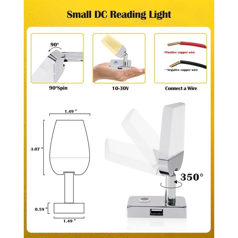 1 Pack 12V RV Reading Light with USB Port -