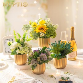 NUPTIO Gold Vases Compote Centerpiece Planter: 4" Ribbed Metal Vase Small Compote Bowl Planter Pot with Drainage Hole for Wedding Table Centerpiece Indoor Plants Set of 6