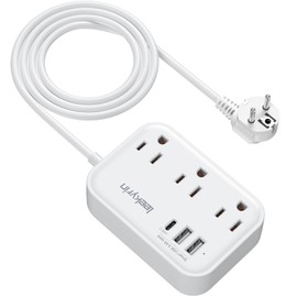 European Travel Plug Adapter with USB C, US to Europe Plug Adapter with 3 AC Outlets 3 USB Ports, Type E/F Power Adapter for USA to Germany France Iceland Spain, 5FT