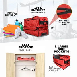 Generic IRONBAR Large Travel Duffel Bag 87L Expandable to 104L with Wheels, Carry Handle, Foldable, Wheels, Suitcase Overnight Bag Men and Women, Red, 765464612670