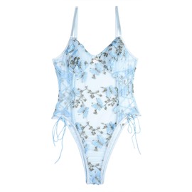 Lilosy - Body sexy con cordones para mujer, con bordado floral, de malla, de una pieza, Mariposa azul claro, XS