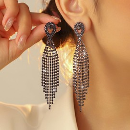 Teardrop Crystal Chandelier Earrings Long Tassels Dangle Drop Earrings Sparkling Rhinestone Statement Earrings Bridal Wedding Jewelry for Women (Black)