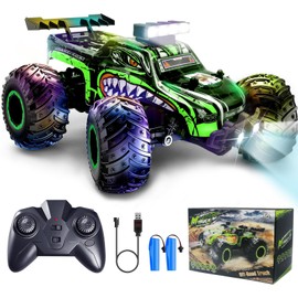 Remote Control Car, Rechargeable RC Monster Truck, 2.4Ghz All Terrain Off-Road RC Cars, 20 KM/H Rc Cars with LED Bodylight and 2 Rechargeable Batteries Toys and Girls 4-7 8-12 Years Old (Green)
