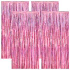 4 Pack Pink Backdrop, 3.28 FT x7.05 FT Foil Fringe Curtains, Metallic Glitter Pink Streamer Fringe Backdrop Foil Curtains, Laser Pink Birthday Party Decorations Bachelorette Decor