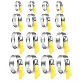 16 Pcs 4 Size Hose Clips Set with Handle,Adjustable Stainless Steel 10mm-44mm Range Garden Hose Clamp,Hose Clamps with Yellow Plastics Handle for Flexible Hose Tube