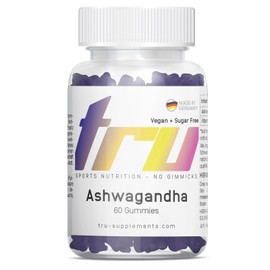 TRU Sports Nutrition | Ashwagandha Gummies - 60 Stück - 500mg pro Tagesdosis - mit Vitamin D2 - Hochdosiert - 100% Vegan + Zuckerfrei | Herstellung & Laborprüfung in Deutschland