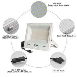 GLW 3 Pack 100W LED Flood Light Outdoor,10000LM Super Bright Exterior Security Lights,6000K Daylight White Work Light,IP66 Waterproof Outside Floodlights Lighting for Backyard, Yard, Stadium, House