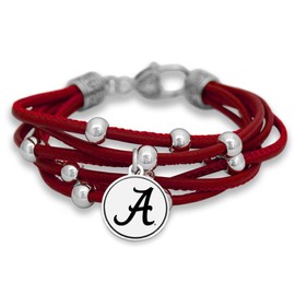 FTH Alabama Crimson Tide Women’s Bracelet, Leather Cord Bracelet with Silver Beads and Team Logo Charm, Officially Licensed NCAA Women’s Jewelry, 7.5 Inch