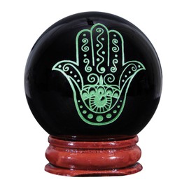Nupuyai Nupuyai 1.9" Engraved Symbol Obsidian Crystal Ball with Stand, Polished Feng Shui Crystal Sphere Stone Ornament Home Office Decor, Hamsa Hand, Green