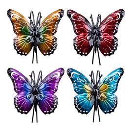 WSDMAVIS 4Pcs Metal Painted Butterfly Flower Pot Decorations Creative Pot Huggers for Plants Figurines Hanging Butterfly Fence Decor for Outdoor Patio and Courtyard