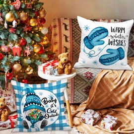 Lanpn Cute 16x16 Christmas Throw Pillow Covers Set of 4, Gnome Snowman Decorative Holiday Pillow Case Cushion Cover 16 x 16 for Indoor Home Bedroom Sofa Couch Xmas Decor Blue