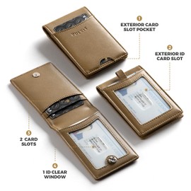 VULKIT Badge Holder Wallet with Retractable Clip, Leather Bifold Double ID Card Holder, Retractable Keychain Carabiner, Holds 5 Cards, Keys (Khaki)