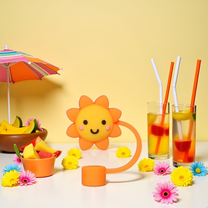 Orange Sun Straw Cover Cap Reusable Silicone Straw Toppers Drinking