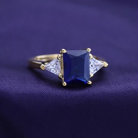 AFFY 14k Yellow Gold Over Sterling Silver Emerald Cut Blue Sapphire With Trillion White Topaz Ring Jewelry For Womens Ring Size-6