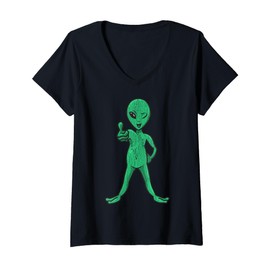 Womens Cartoon Alien Giving Thumbs Up Fun Character For Kids V-Neck T-Shirt