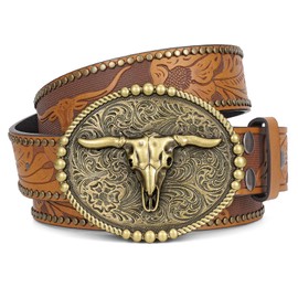 XIAOWU Western Faux Leather Belt for Men and Women, Cowboy Cowgirl Attractive Buckle Retro Embossed Costume Belt, Bulle Bronze - Brown