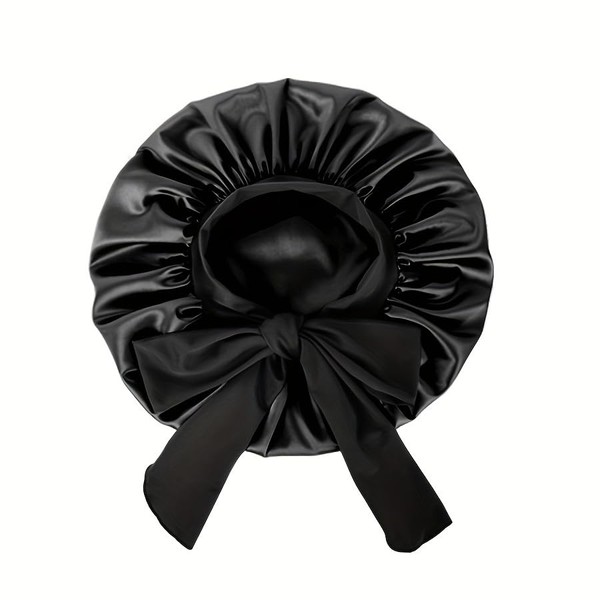 Satin Sleep Bonnet Cap, Extra Large, Black, Long Tie Design,