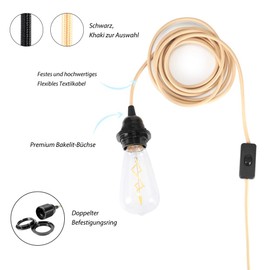 GreenSun Lamp Holder E27 with Cable - E27 Socket with Cable 4.5 m Lamp Holder with Switch Vintage Cable with Plug for Lamp Suspension Khaki