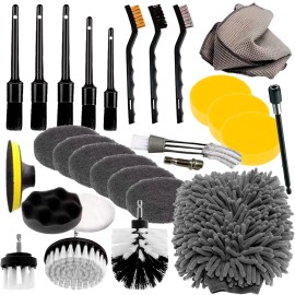 Kit 27pz Limpieza Coche Cepillo Esponja Almohadillas Pulidoras Automotriz Set Gris Adaptador Taladro