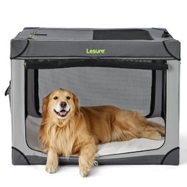 Lesure Soft Collapsible Dog Crate - 42 Inch Portable Travel Crate for Extra Large Dogs Indoor & Outdoor, 4-Door Foldable Pet Kennel with Mesh Windows, Grey