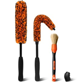 YeewayVeh 3PCS Quick Car Wheel Brush Kit, 2-Size 360° Bendale Rim Cleaner Brushes, Boars Hair Detailing Brush, Fast Scratch-Free Cleaning for Car Wheels, Motorcycle, Orange