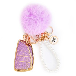 YILINXI Compatible with Chevy Key Fob Cover with Pom Pom Keychain, Car Key Shell Compatible with Chevy Tahoe Suburban GMC Yukon Denali Silverado 2021-2024 Smart Key for Women, Purple-5 Buttons